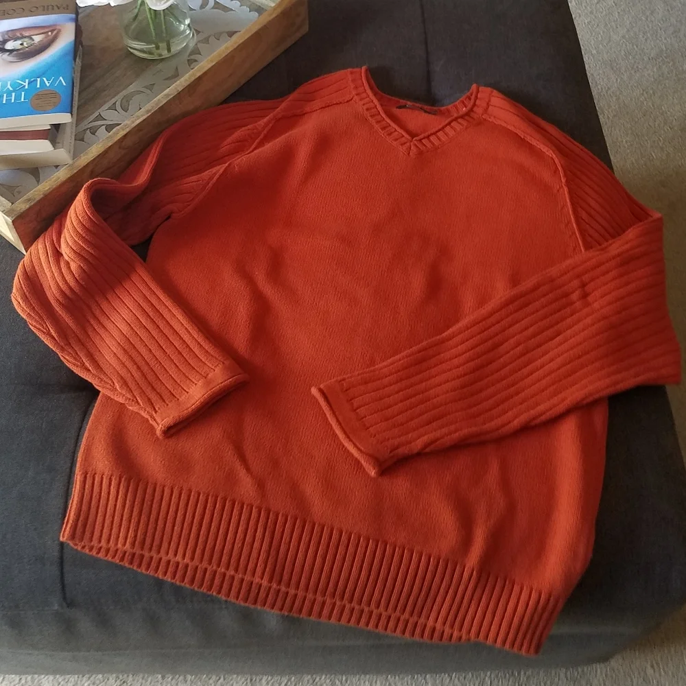 Men’s Pumpkin Orange Bossini V-neck Knit Sweater from England